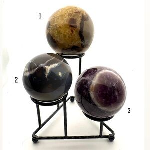 Set of 3 Crystal Spheres- Septarian, Orca Agate & Dream Amethyst- with stand
